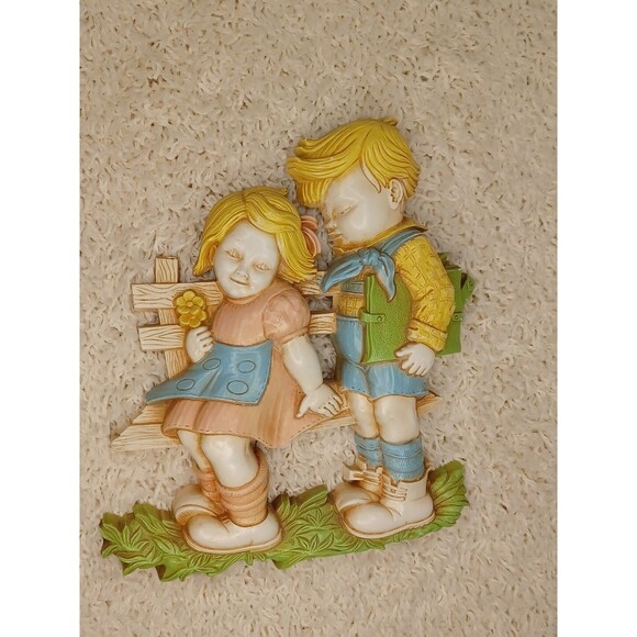 Antique Homco Wall Decor Two Kids Sitting On Bench Love Cute couple VTG Decor - Picture 5 of 8